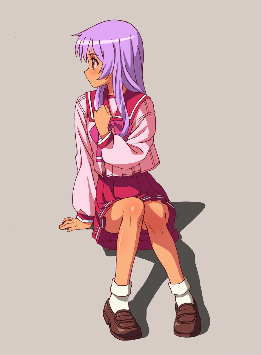highres, himekawa_kotone, long_hair, purple_hair, red_eyes, school_uniform, simple_background, sitting