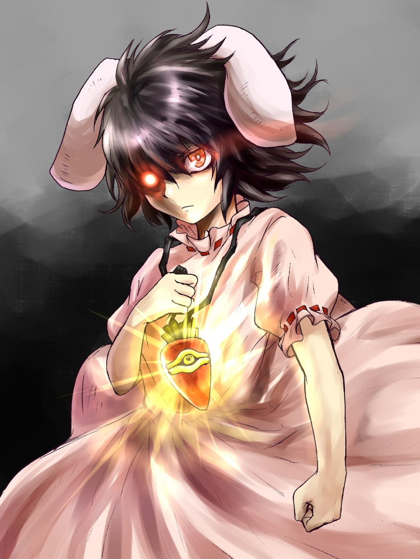 animal_ears, black_hair, bunny_ears, carrot, clenched_hands, eyes, food, glowing
