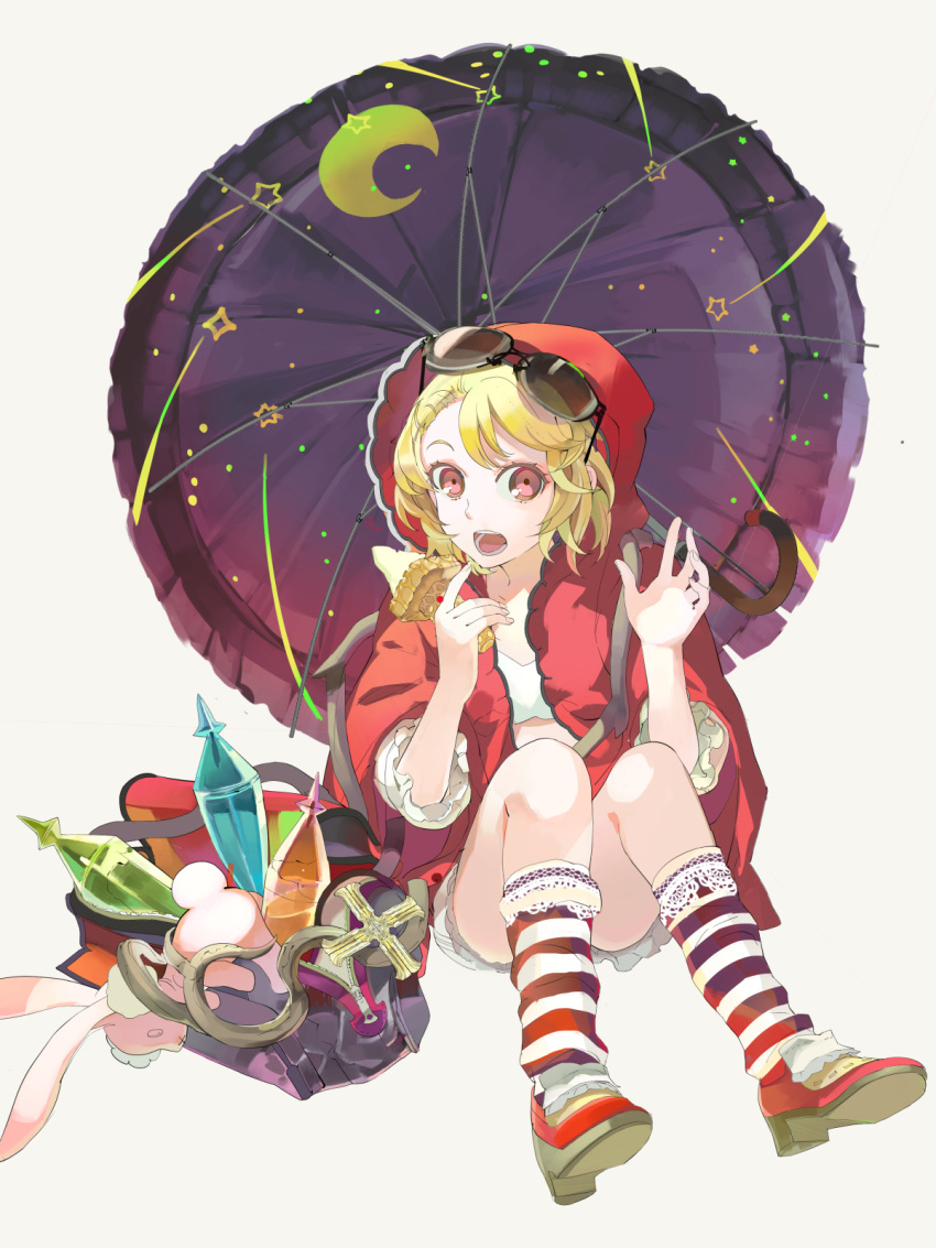 1ten, alternate_costume, alternate_hairstyle, bag, blonde_hair, crescent, flandre_scarlet, food
