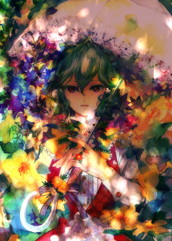 brown_eyes, circumflex_(artist), flower, frills, green_hair, kazami_yuuka, leaf, long_sleeves