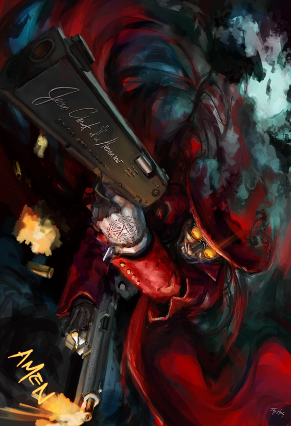 black_hair, casing_ejection, evil_smile, firing, gloves, gun, hat, hellsing, jeff_zhang, muzzle_flash, pistol, shell_casing, smile, sunglasses, weapon