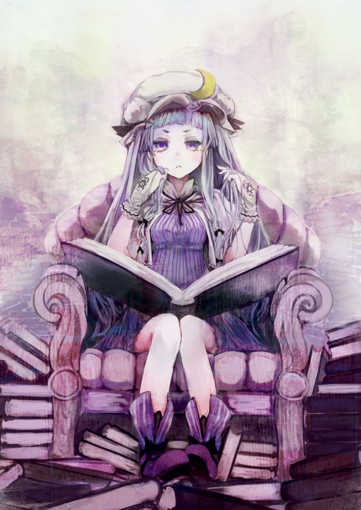 bare_legs, book, childofa, couch, crescent, gloves, hat, long_hair