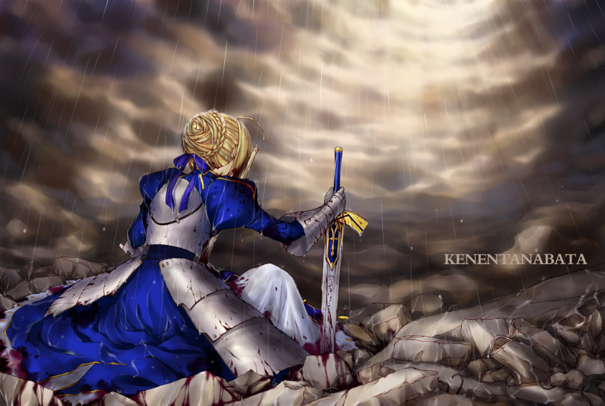ahoge, armor, armored_dress, blonde_hair, blood, dress, excalibur, fate/stay_night