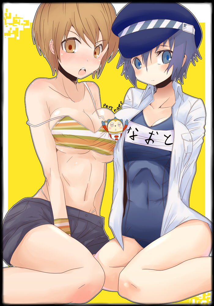 bikini, blue_eyes, blue_hair, breasts, brown_eyes, brown_hair, cabbie_hat, cleavage, hair_between_eyes, hat, hips, kuma, kuma_(persona_4), labcoat, mokujinn, multiple_girls, one-piece_swimsuit, persona, persona_4, satonaka_chie, school_swimsuit, seiza, shirogane_naoto, short_hair, sitting, straight_hair, swimsuit, thighs, tomboy, wavy_hair