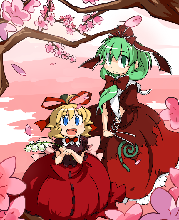 arm_ribbon, blonde_hair, blue_eyes, blush, bow, cherry_blossoms, dress, flower, front_ponytail, green_eyes, green_hair, hair_bow, hair_ornament, hair_ribbon, holding, iyau, kagiyama_hina, lily_of_the_valley, long_hair, medicine_melancholy, multiple_girls, open_mouth, puffy_sleeves, ribbon, shirt, short_hair, short_sleeves, skirt, smile, touhou, tree, v_arms