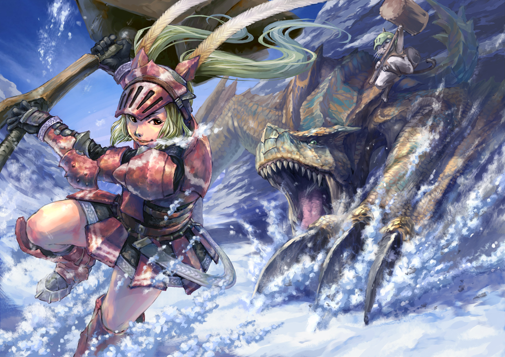 battle, blonde_hair, cat, claws, felyne, hermitaur, hermitaur_(armor), long_hair, monster_hunter, red_eyes, snow, tigrex, yatoo