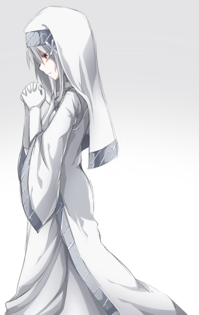 cosplay, flower, genderswap, hair_flower, hair_ornament, highres, idora, idora_(idola), index, index_(cosplay), praying, red_eyes, silver_hair, simple_background, solo, suzushina_yuriko, to_aru_majutsu_no_index, white_background