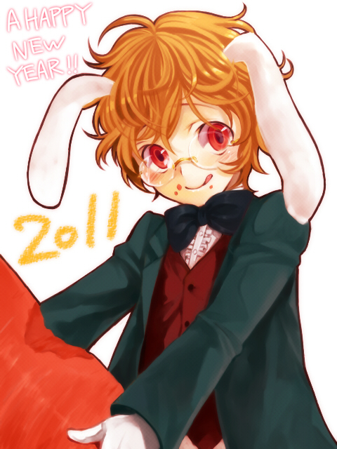 animal_ears, bad_id, blonde_hair, blush, bowtie, bunny_ears, carrot, glasses