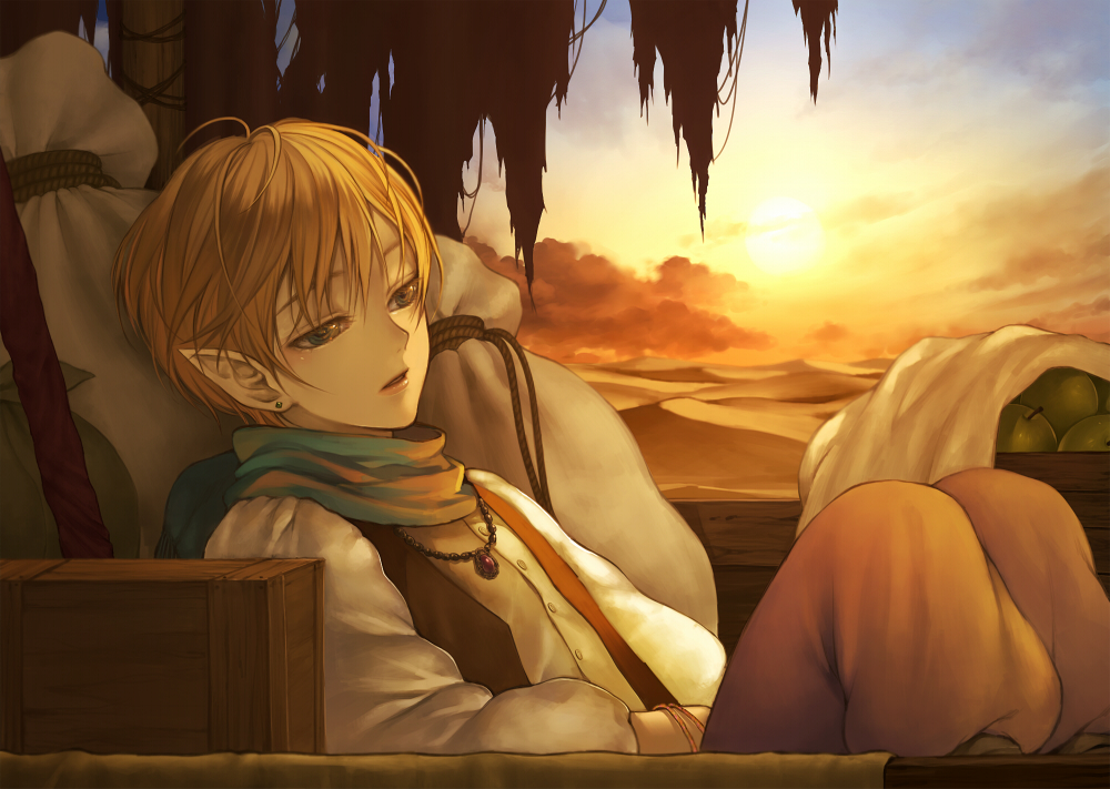 blonde_hair, blue_eyes, desert, earrings, elf, jewelry, moyoriaki, original, pointy_ears, sand, short_hair, sky, sunset