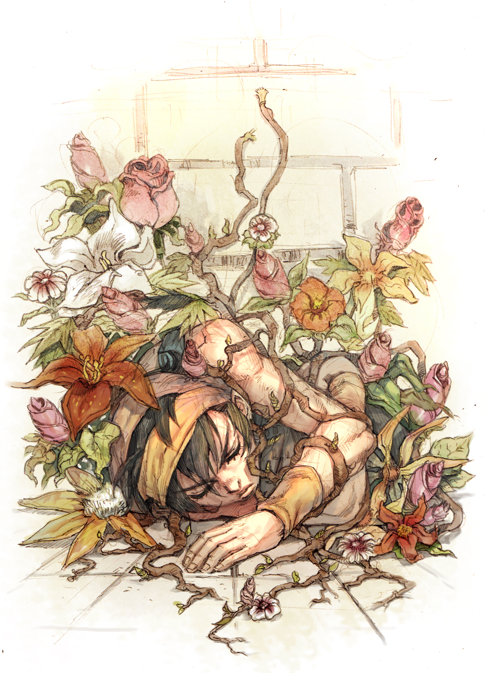 black_hair, flower, headband, highres, jojo_no_kimyou_na_bouken, male, narancia_ghirga, sleeping