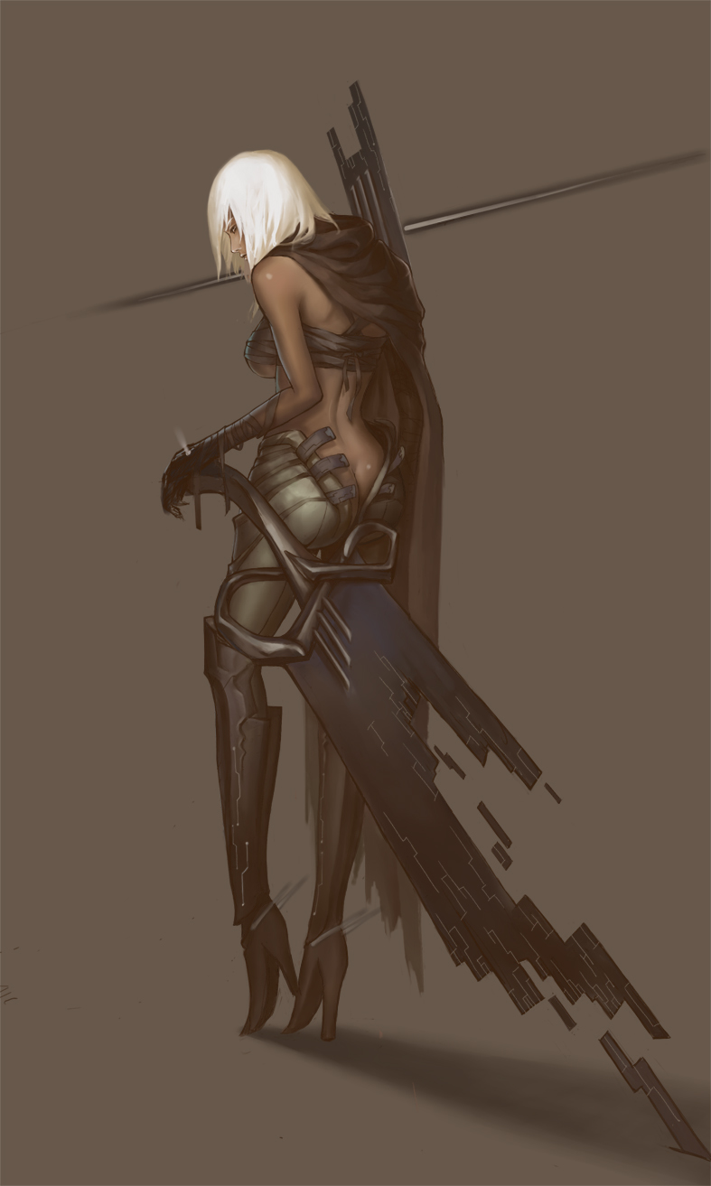 ass, bandage, bandages, breasts, broken_sword, butt_crack, cape, digital_dissolve, high_heels, highres, league_of_legends, riven_(league_of_legends), shoes, under_boob, underboob, weapon, white_hair