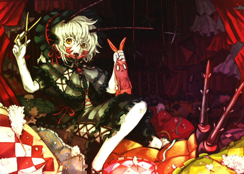 antennae, bonnet, earwig, fangs, highres, open_mouth, original, personification, scissors, short_hair, skirt, solo, sonjow4, stuffed_animal, stuffed_bunny, stuffed_toy, white_hair, yellow_eyes