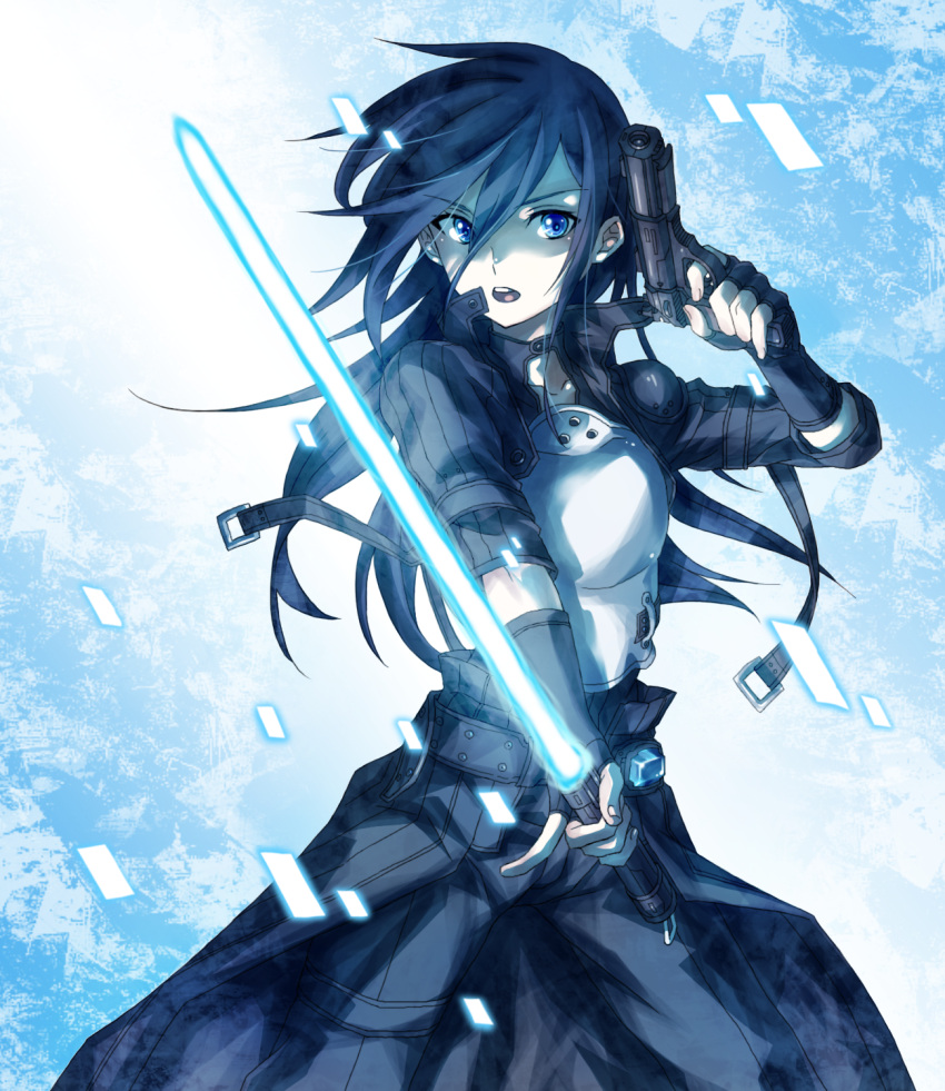 androgynous, armor, black_hair, blue_eyes, dual_wielding, energy_sword, fingerless_gloves, genderswap