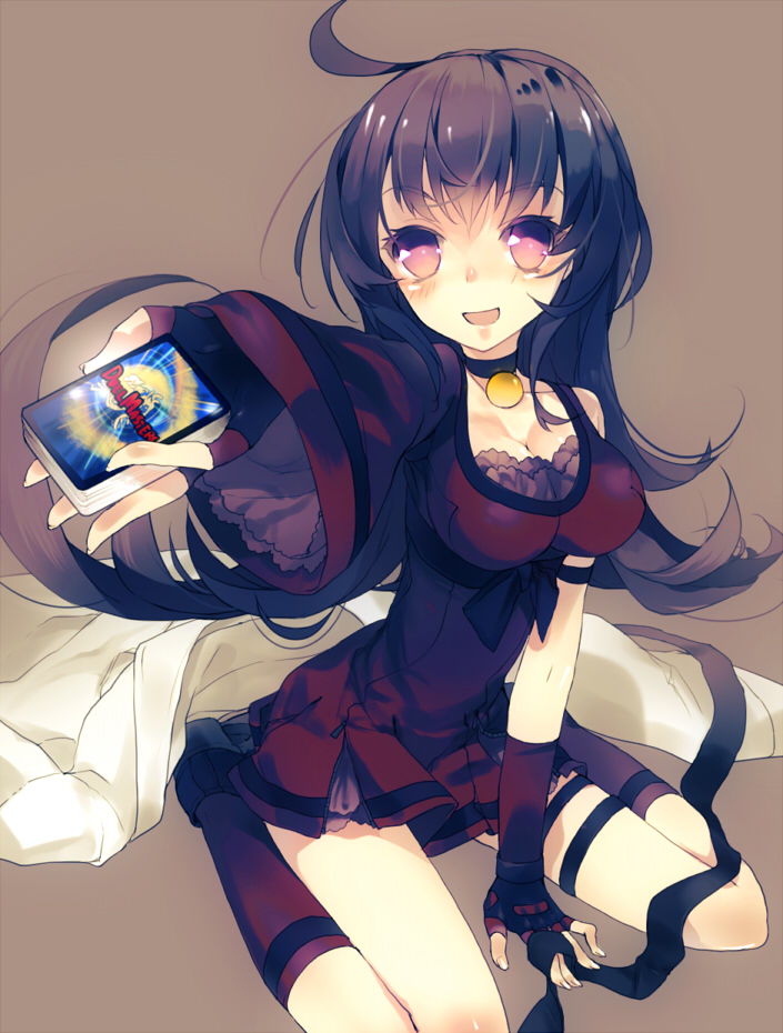 black_hair, breasts, card, choker, duel_masters, fingerless_gloves, gloves, jewelry