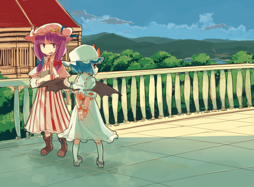 arms_behind_back, bat_wings, blue_hair, book, bow, child, crescent, hair_bow
