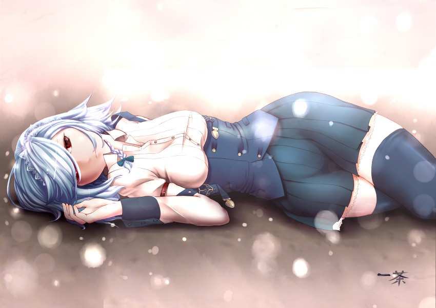 1girl, absurdres, black_legwear, braid, highres, izayoi_sakuya, maid_headdress, on_back