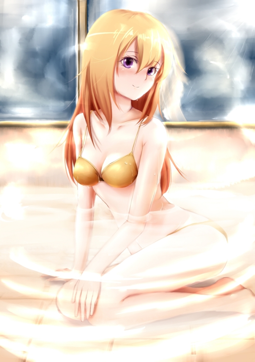 bathroom, bikini, blonde_hair, blush, charlotte_dunois, infinite_stratos, long_hair, looking_at_viewer