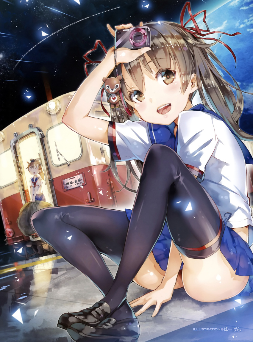 :d, absurdres, arm_up, black_legwear, bottom_touching_surface, brown_eyes, brown_hair, camera