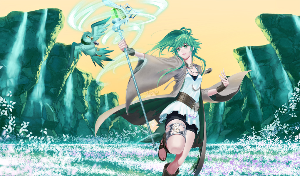 belt, cliff, cloak, duel_monster, fingerless_gloves, flower, gloves, green_eyes, green_hair, gusta_gulldo, jewelry, necklace, oomii_(f.style), ponytail, sandals, shorts, staff, wind, winda_priestess_of_gusto, yu-gi-oh!, yuu-gi-ou