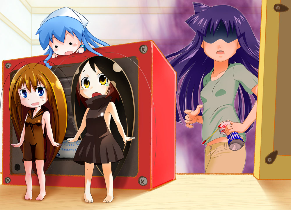 4girls, antennae, aura, blue_eyes, brown_hair, chaba, cockroach_girl, crossover