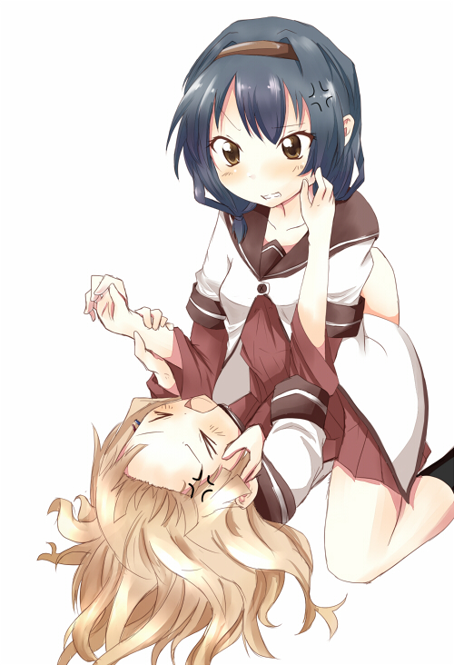 >_<, anger_vein, angry, blonde_hair, blue_hair, brown_eyes, fighting, furutani_himawari