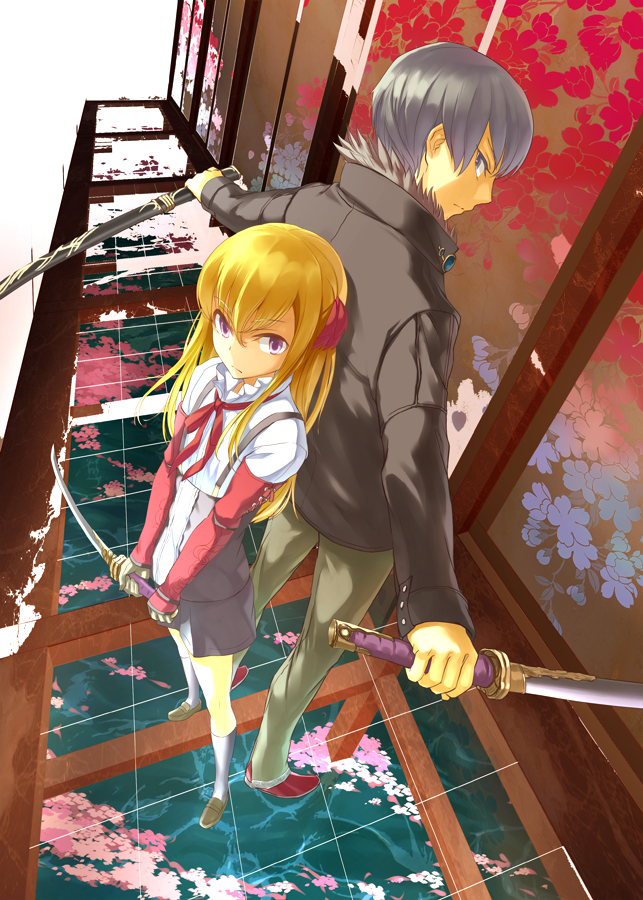 1girl, back-to-back, blonde_hair, from_above, grey_eyes, holding, katana, long_hair