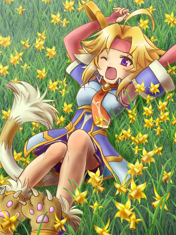 animal_ears, blonde_hair, bracelet, breasts, bridal_gauntlets, cat_ears, dress, fang
