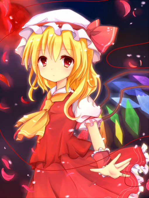 3535carrot, blonde_hair, crystal, flandre_scarlet, hat, hat_ribbon, moon, petals