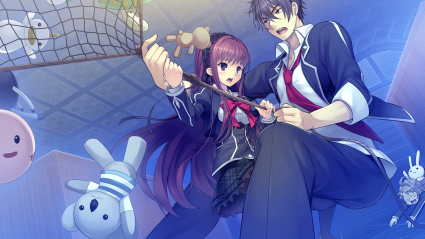black_hair, blonde_hair, bow, game_cg, glasses, goka_michiru, karasuma_kotarou, long_hair