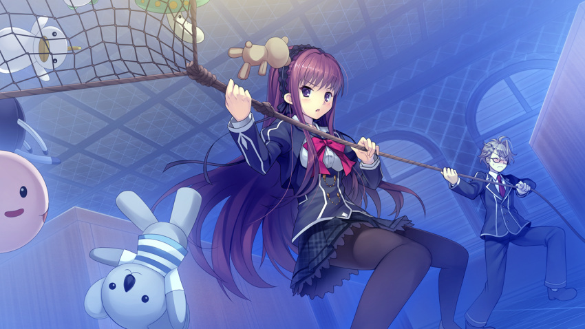 blonde_hair, blush, bow, game_cg, glasses, karasuma_kotarou, long_hair, pantyhose