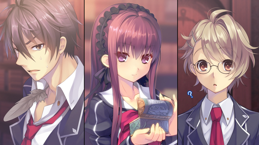 black_hair, blonde_hair, book, bow, brown_eyes, feathers, game_cg, glasses