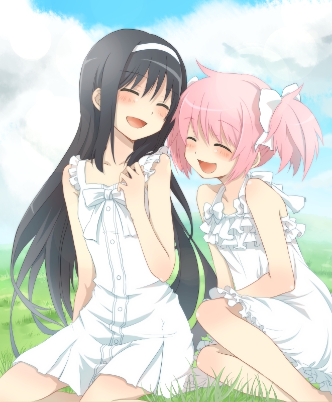 :d, ^_^, akemi_homura, alternate_costume, black_hair, blush, closed_eyes, collarbone