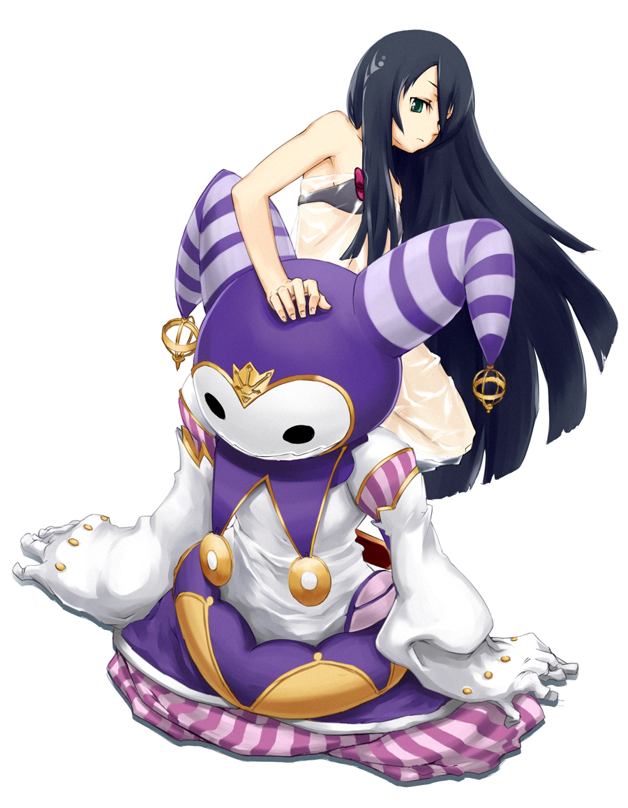 ar_tonelico_iii, black_bra, black_hair, bow, bra, costume, green_eyes, gust