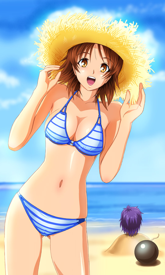 beach, bikini, bomb, brown_eyes, brown_hair, buried, buried_in_sand, character_request