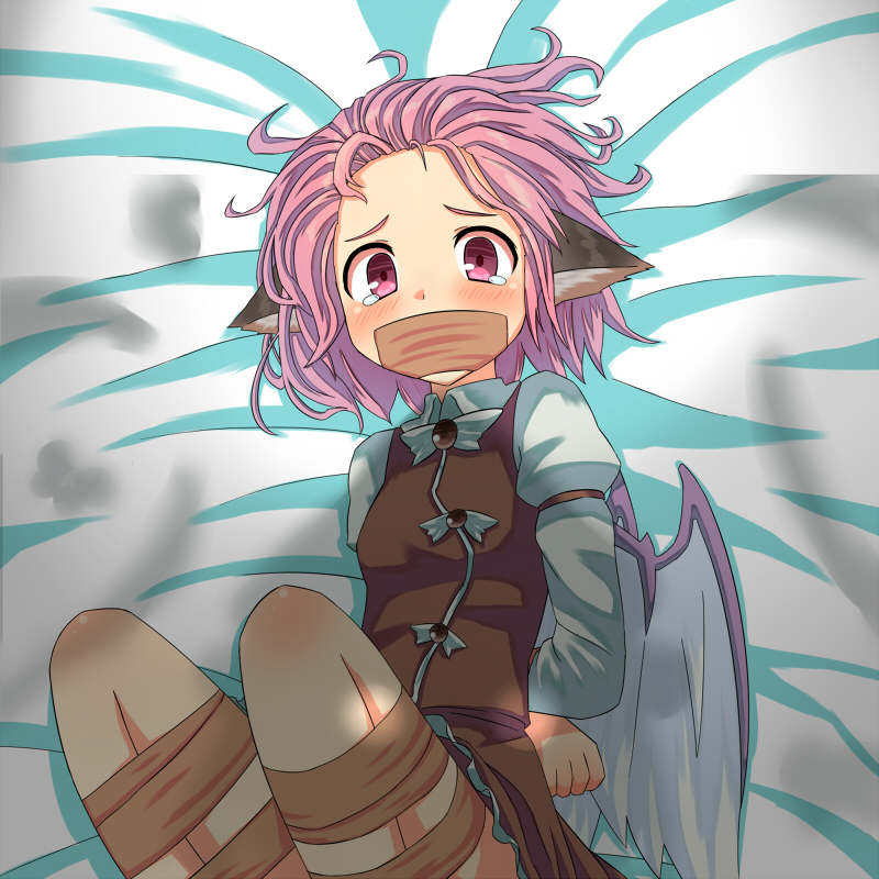animal_ears, arms_behind_back, bdsm, bird_wings, blush, bondage, frogtie, gagged, jd_(bibirijd), long_sleeves, mystia_lorelei, on_back, pink_eyes, pink_hair, puffy_sleeves, short_hair, solo, tape, tape_gag, tears, tied_up, touhou, wings