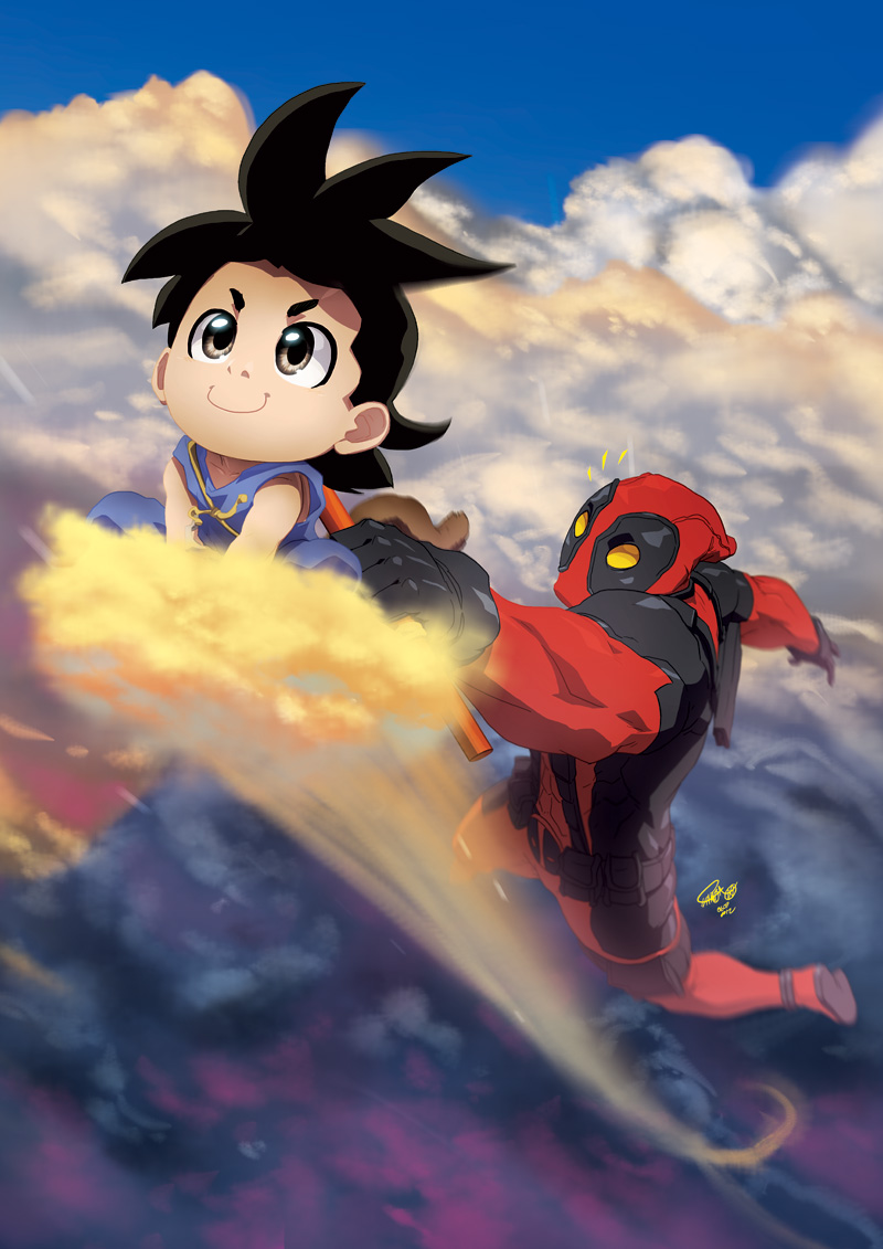 2boys, cloudy_sky, crossover, deadpool, dragon_ball, flying, gloves, jeffrey_cruz