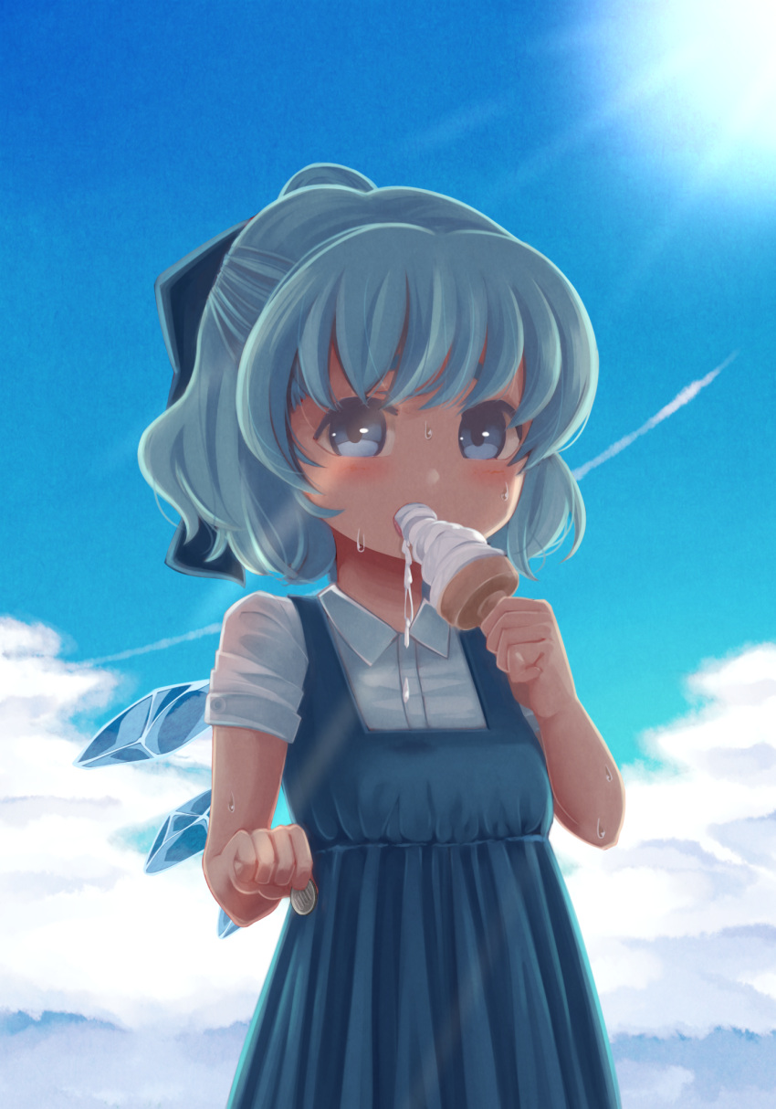 blue_hair, bow, cirno, cloud, clouds, cutting_(mkjtl), detached_wings, eating