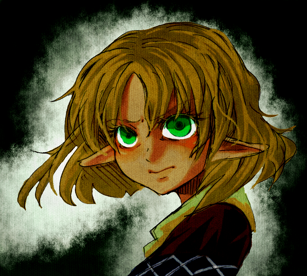 amenon, annoyed, black_background, blonde_hair, face, floating_hair, green_eyes, mizuhashi_parsee, pointy_ears, reaction, short_hair, solo, touhou