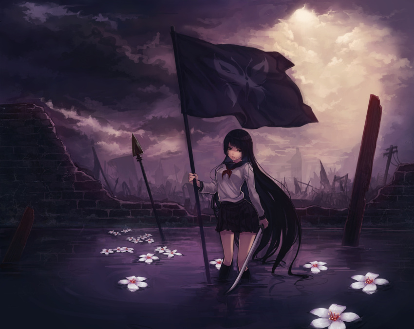 black_hair, blue_eyes, butterfly, cloud, clouds, flag, flower, flowers