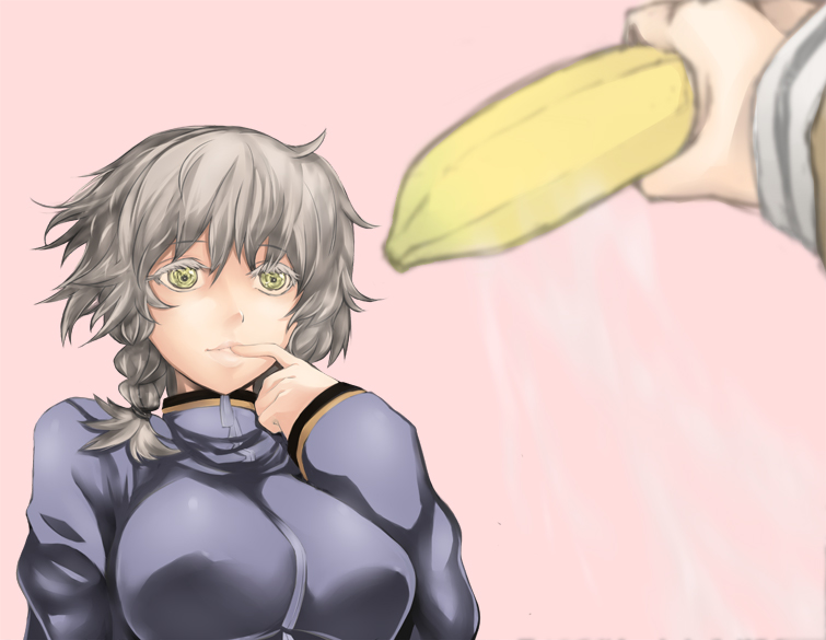 2girls, banana, braid, brown_hair, colored_eyelashes, eyelashes, finger_to_mouth, food, fruit, jiete, lips, makise_kurisu, pov, short_hair, simple_background, steins;gate, track_jacket, twin_braids, yellow_eyes