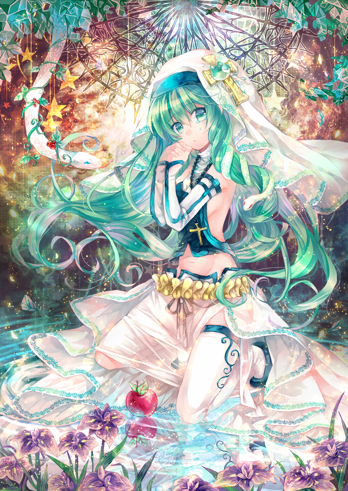 apple, cross, detached_sleeves, flower, food, fruit, green_eyes, green_hair