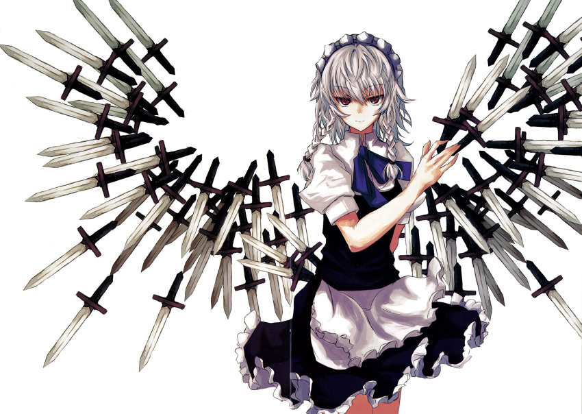 absurdres, apron, asagi_shii, braid, floating_object, highres, izayoi_sakuya, knife