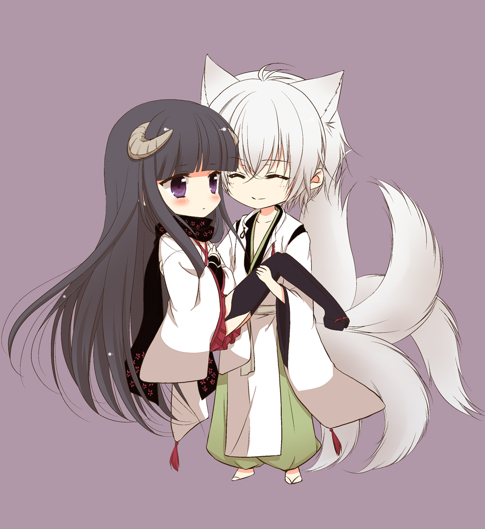 black_hair, carrying, chibi, closed_eyes, eyes_closed, fox_ears, fox_tail, horns