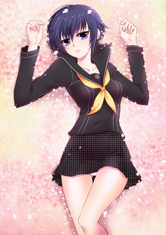 blue_hair, cherry_blossoms, mika_mikan, panties, persona, persona_4, purple_eyes, school_uniform