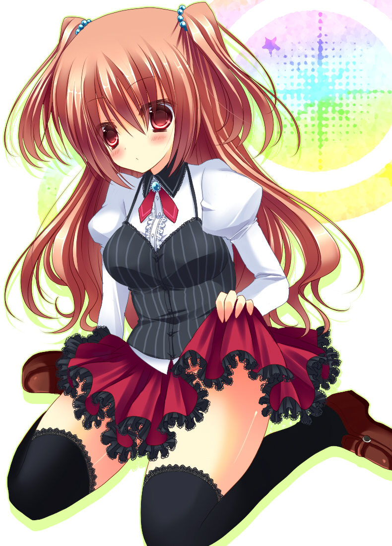 arm_support, black_legwear, blush, breasts, brown_hair, corset, hair_bobbles, hair_ornament, kneeling, long_hair, mound_of_venus, neon_ui, no_panties, original, red_eyes, shirt, skirt, skirt_lift, solo, thigh-highs, thighhighs, twintails, two_side_up, ui1031