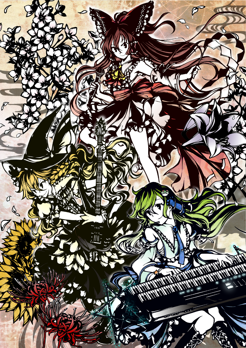 ascot, black_eyes, blonde_hair, bow, braid, brown_hair, detached_sleeves, electric_guitar
