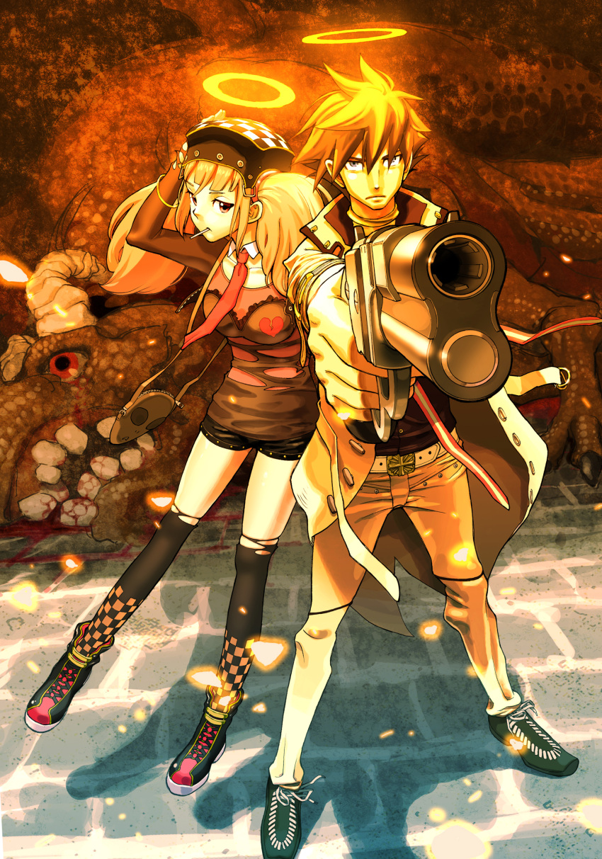 1girl, absurdres, blonde_hair, blood, gun, halo, head, heart