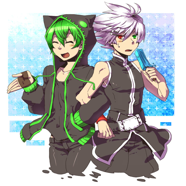 2boys, bare_shoulders, belt, blazblue, fingerless_gloves, gloves, green_eyes, green_hair