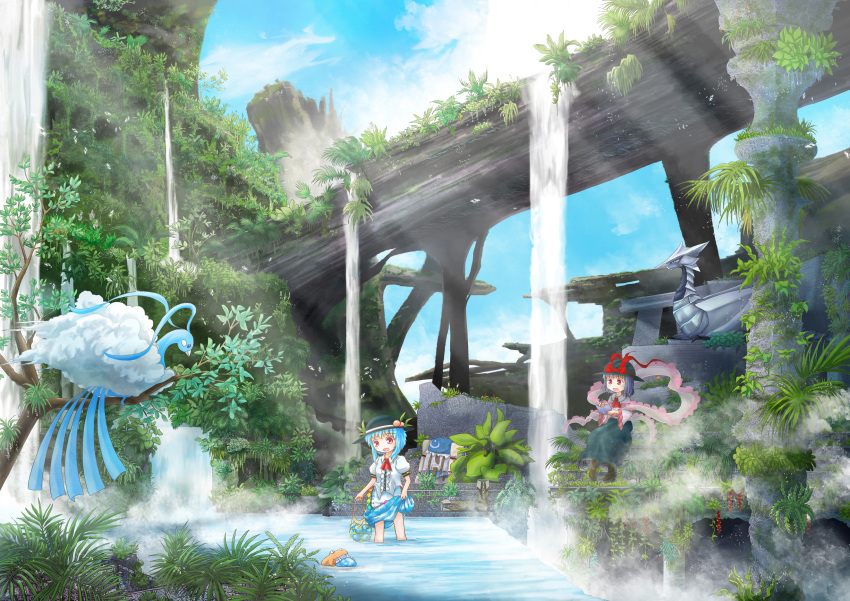 absurdres, altaria, backpack, bag, blue_hair, cloud, clouds, flower