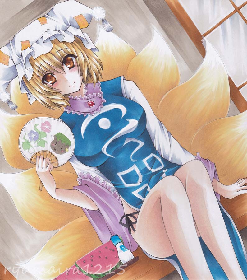 blonde_hair, breasts, brown_eyes, chen, chen_(cat), fan, food, fox_tail